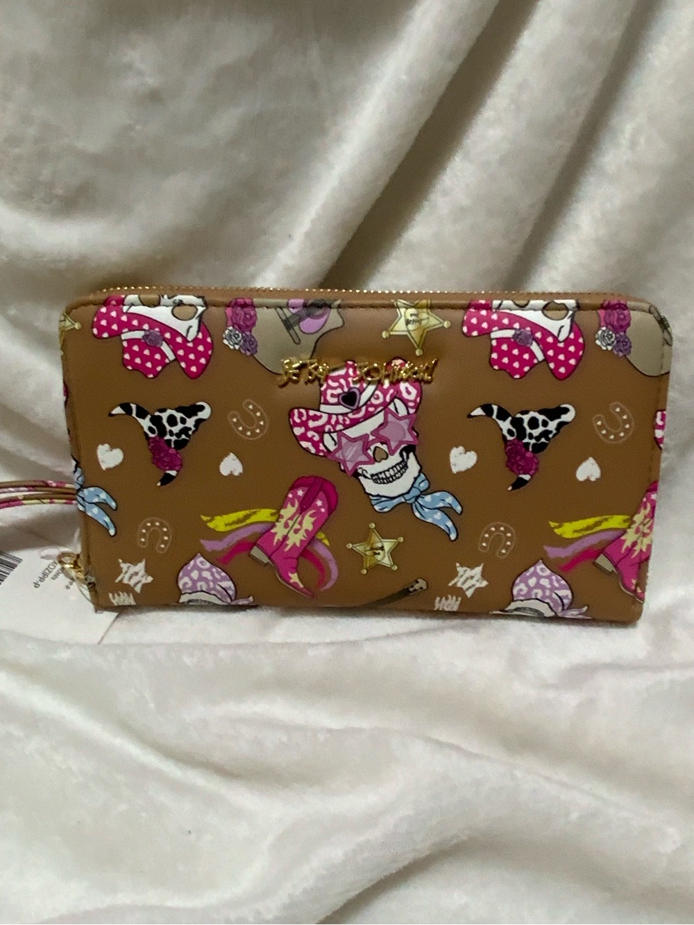 Betsey Johnson Tan Wallet with Pink, Yellow and Blue Western Skull Print - Picture 1 of 4